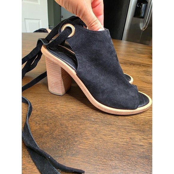 Black Suede Open-Toe Heeled Sandals With Wraparound Straps & Wooden Block Heel B - Picture 10 of 16